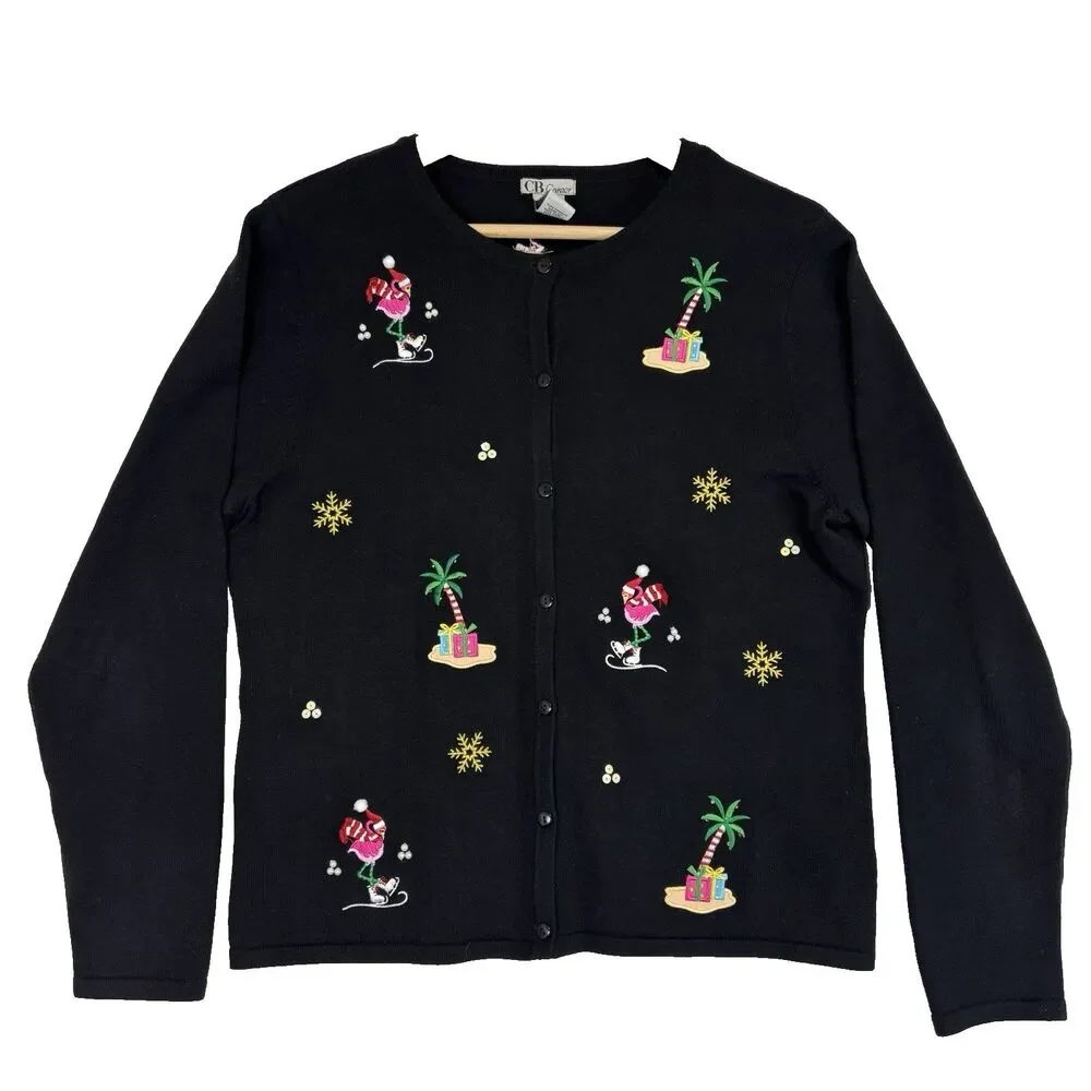 CB Career Ugly Christmas Sweater Cardigan Flamingo Womens L Career Holiday Party